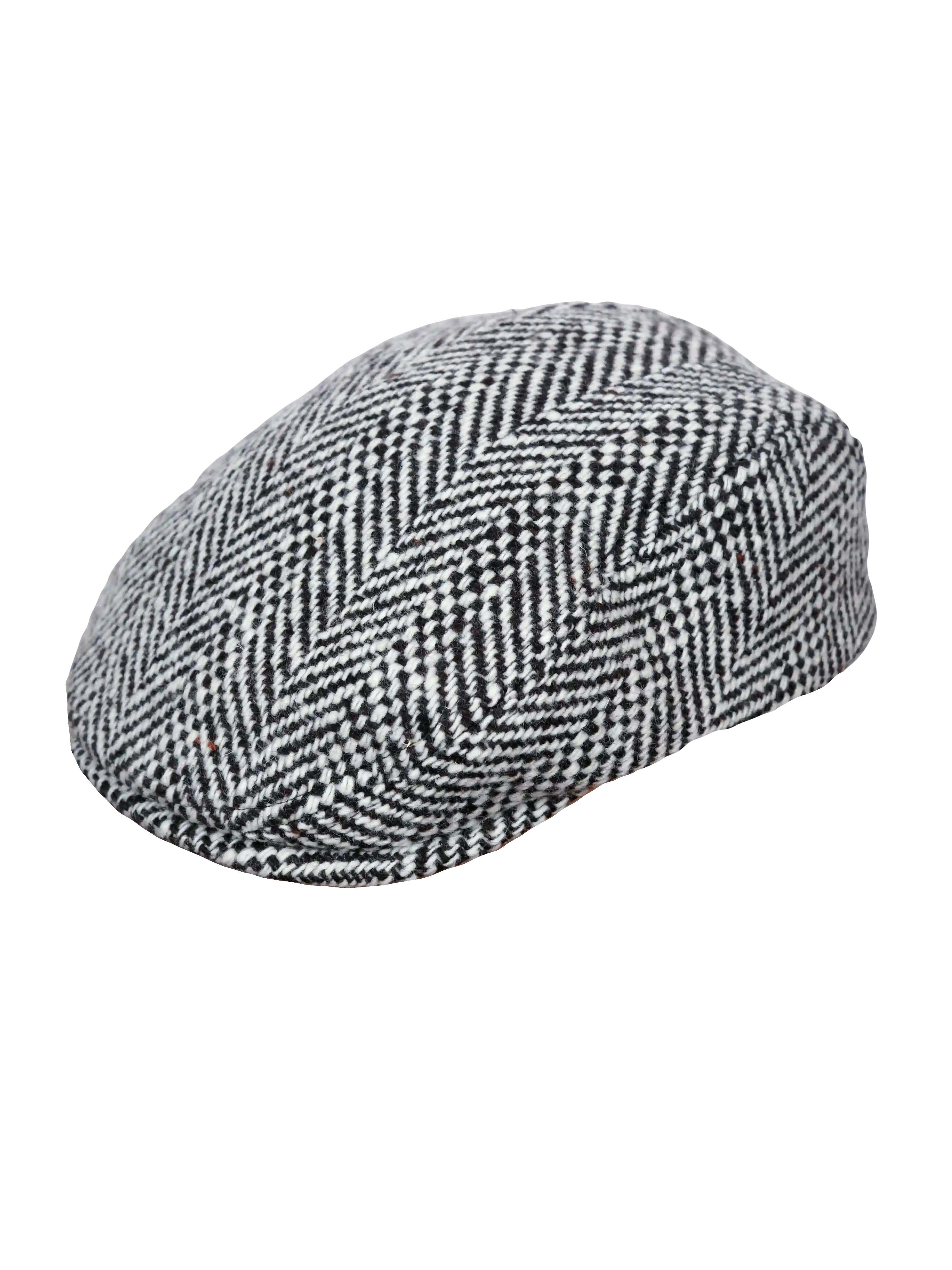 Woll-Schiebermütze – Schwarz-Weiß (Fischgrätenmuster)